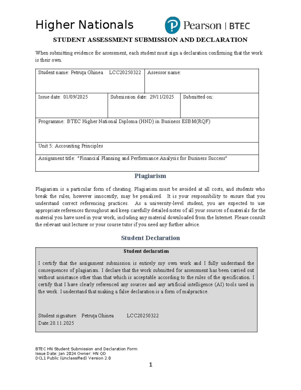 BTEC HND Unit 5: Accounting Principles - Submission & Declaration Form ...