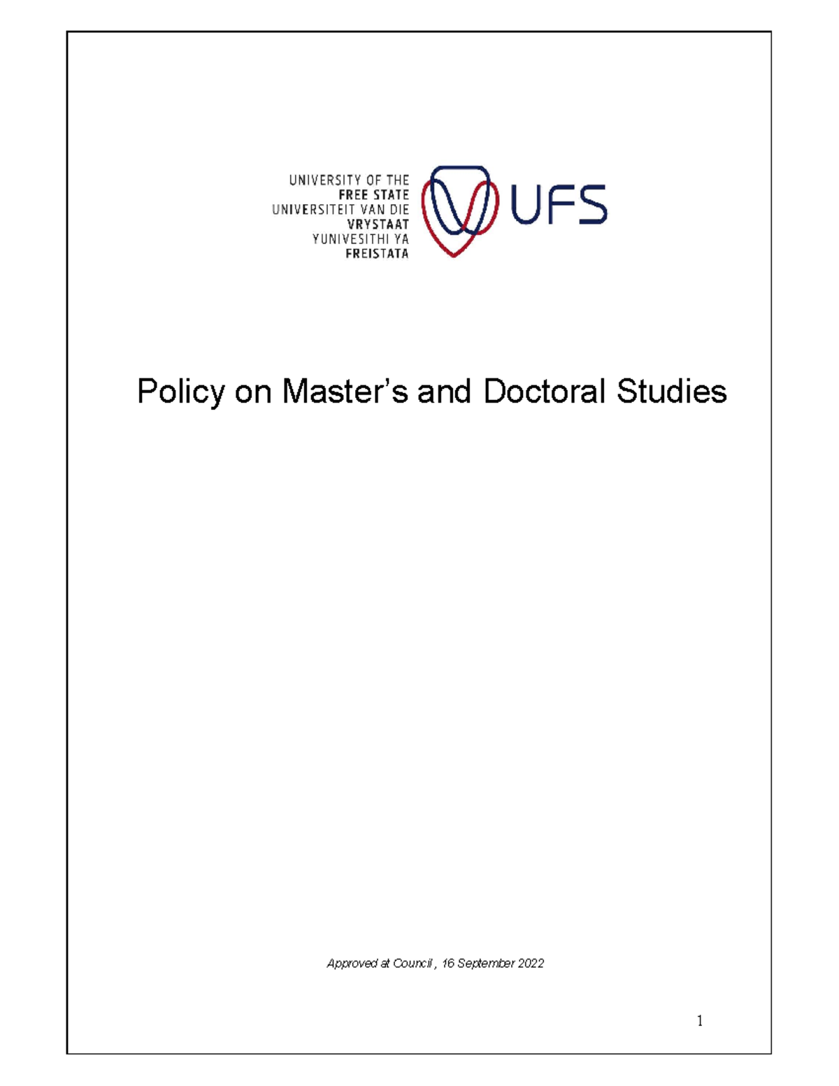 Policy on Master's and Doctoral Studies at UFS (Approved 2022) - Studocu