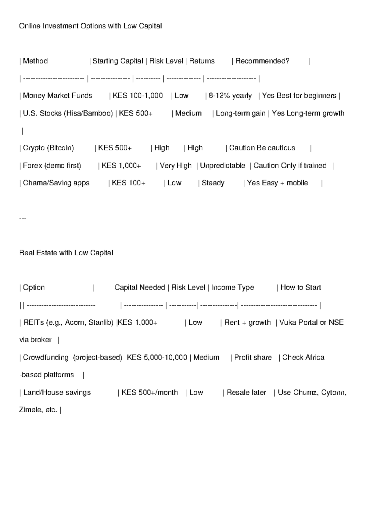 Low Capital Investment Options: A Guide to Risk and Returns - Studocu