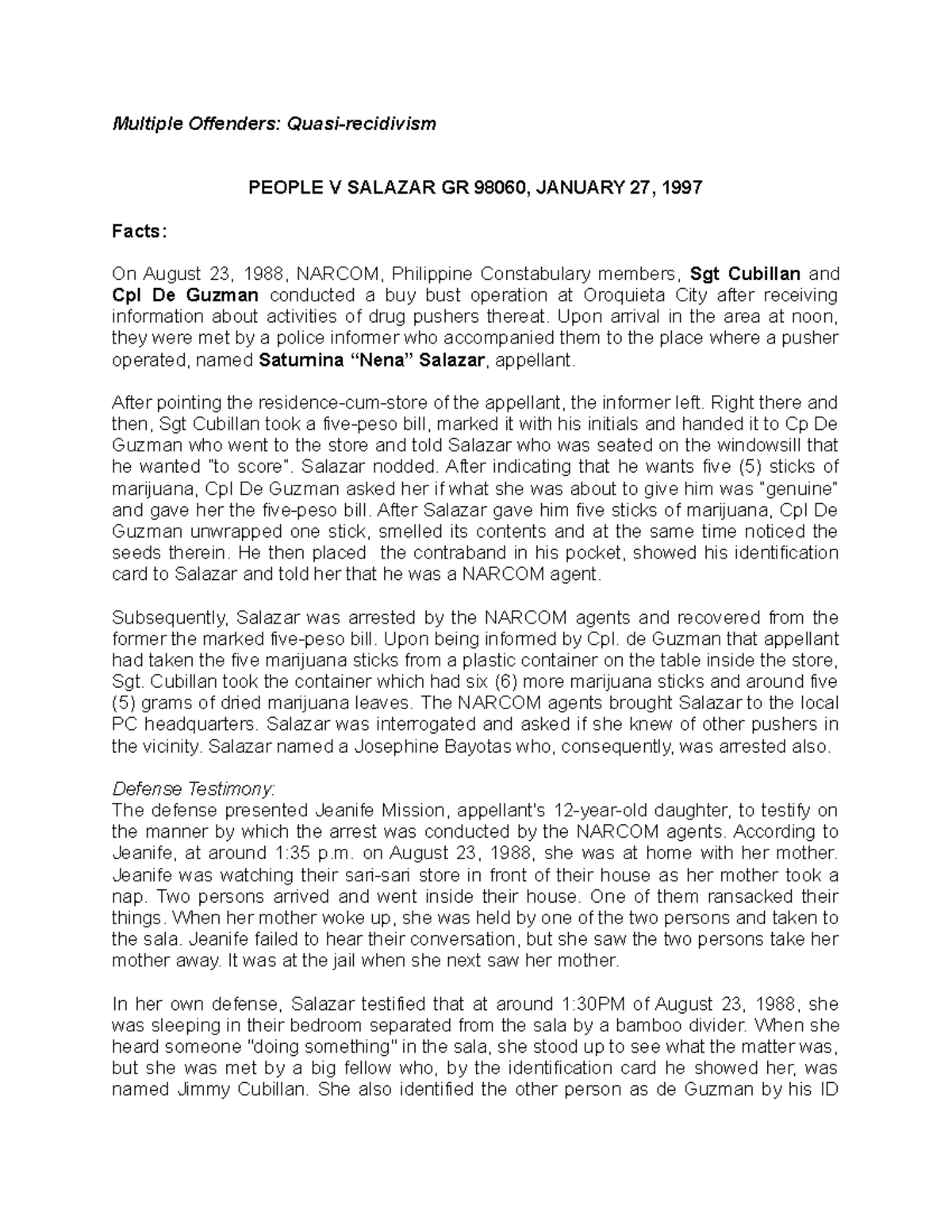 People V Salazar GR 98060 January 27 1997 - Multiple Offenders: Quasi ...