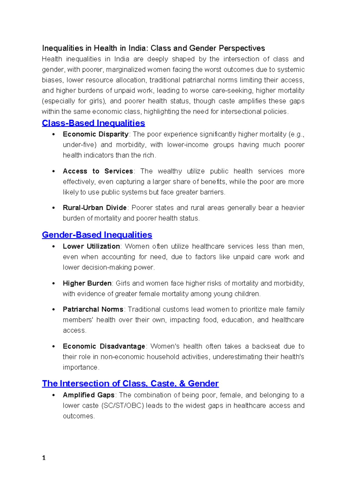 Inequalities in Health in India: Class & Gender Perspectives Analysis ...