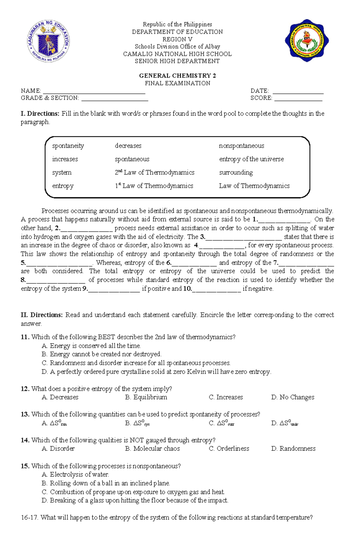 Gen Chem 2 Final Exam Review - Spontaneity & Thermodynamics - Studocu
