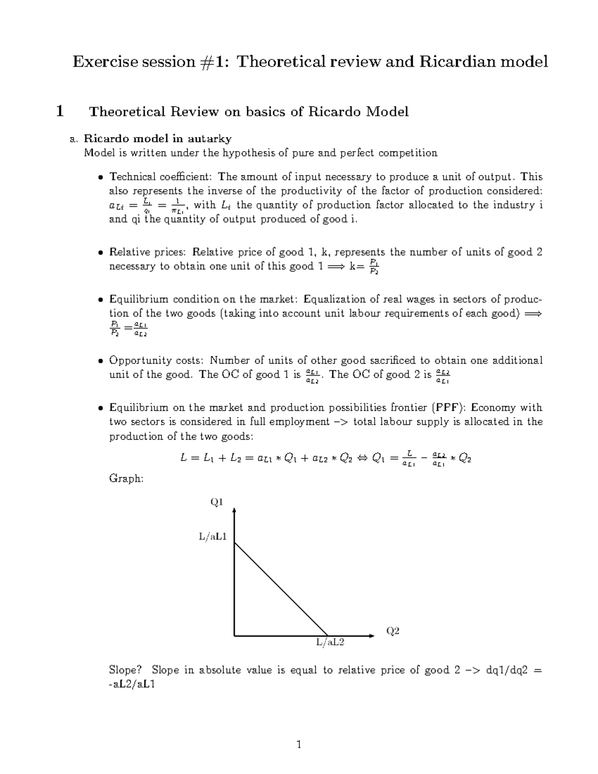Exercise Session 1 - Overview of Ricardo Model in Globalisation ...