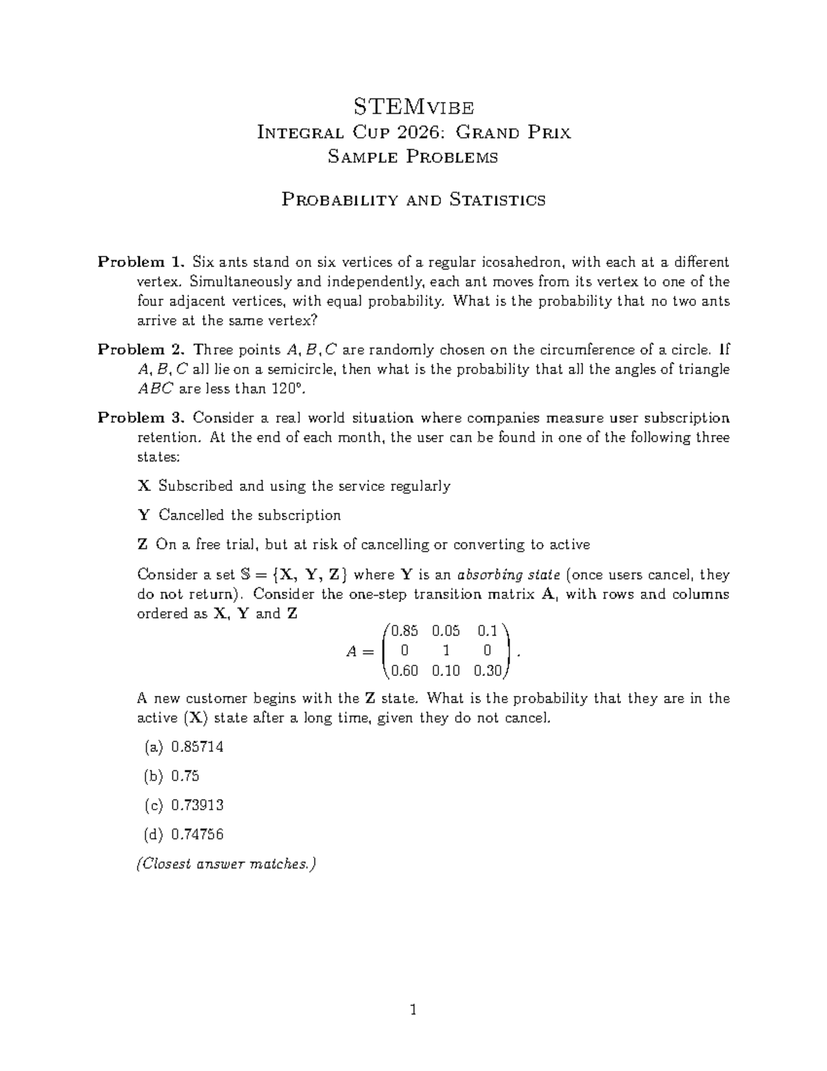 STEMvibe Integral Cup 2026: Probability & Statistics Sample Problems ...