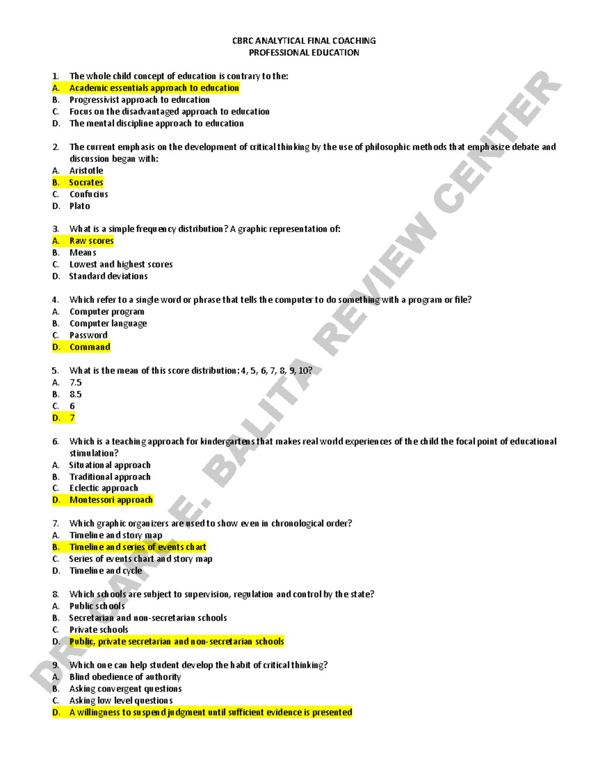 CBRC PROF ED Analytical Final Coaching Review Notes - Studocu