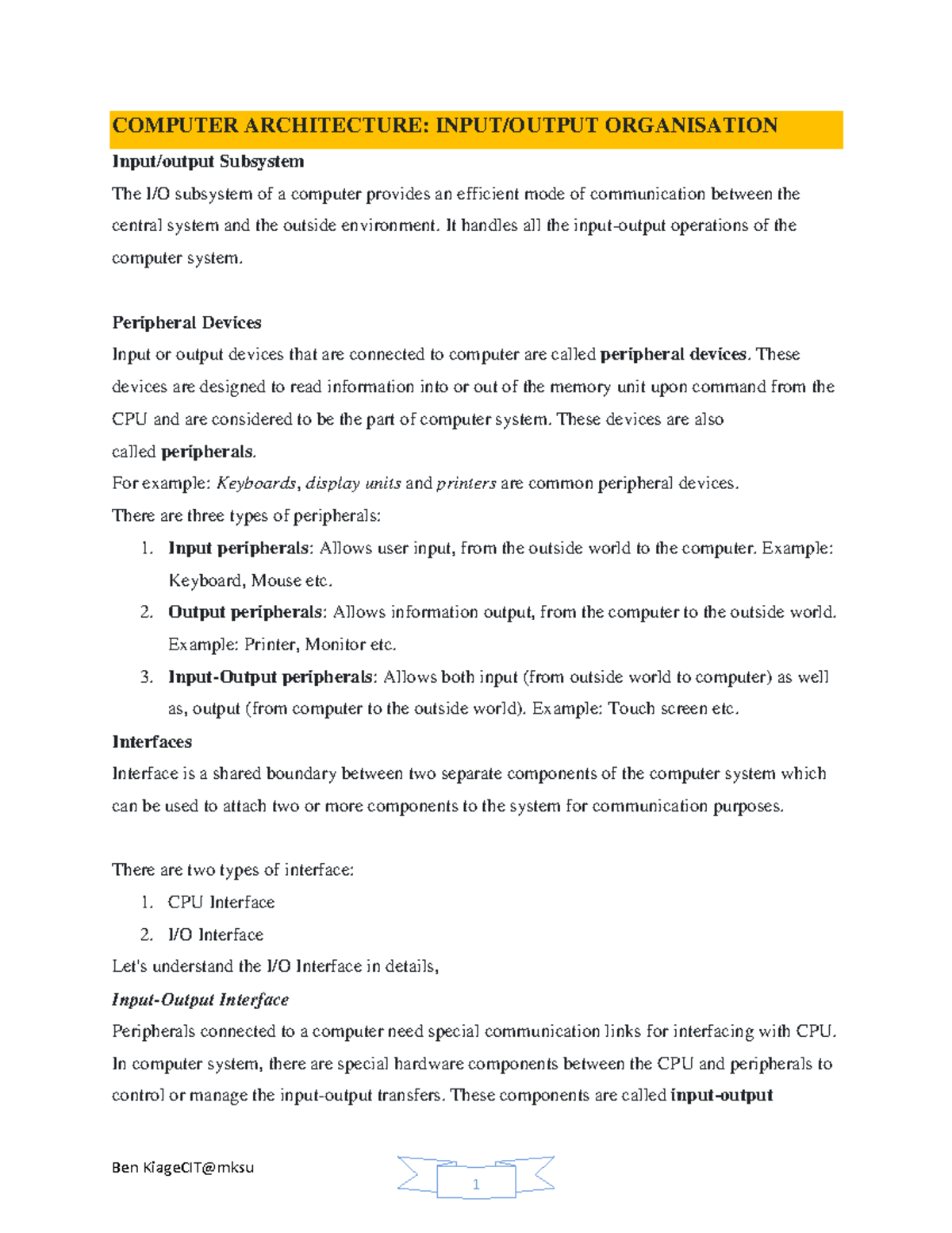 COA - Lecture 7: Subsystems and Peripheral Devices in Computer Org ...