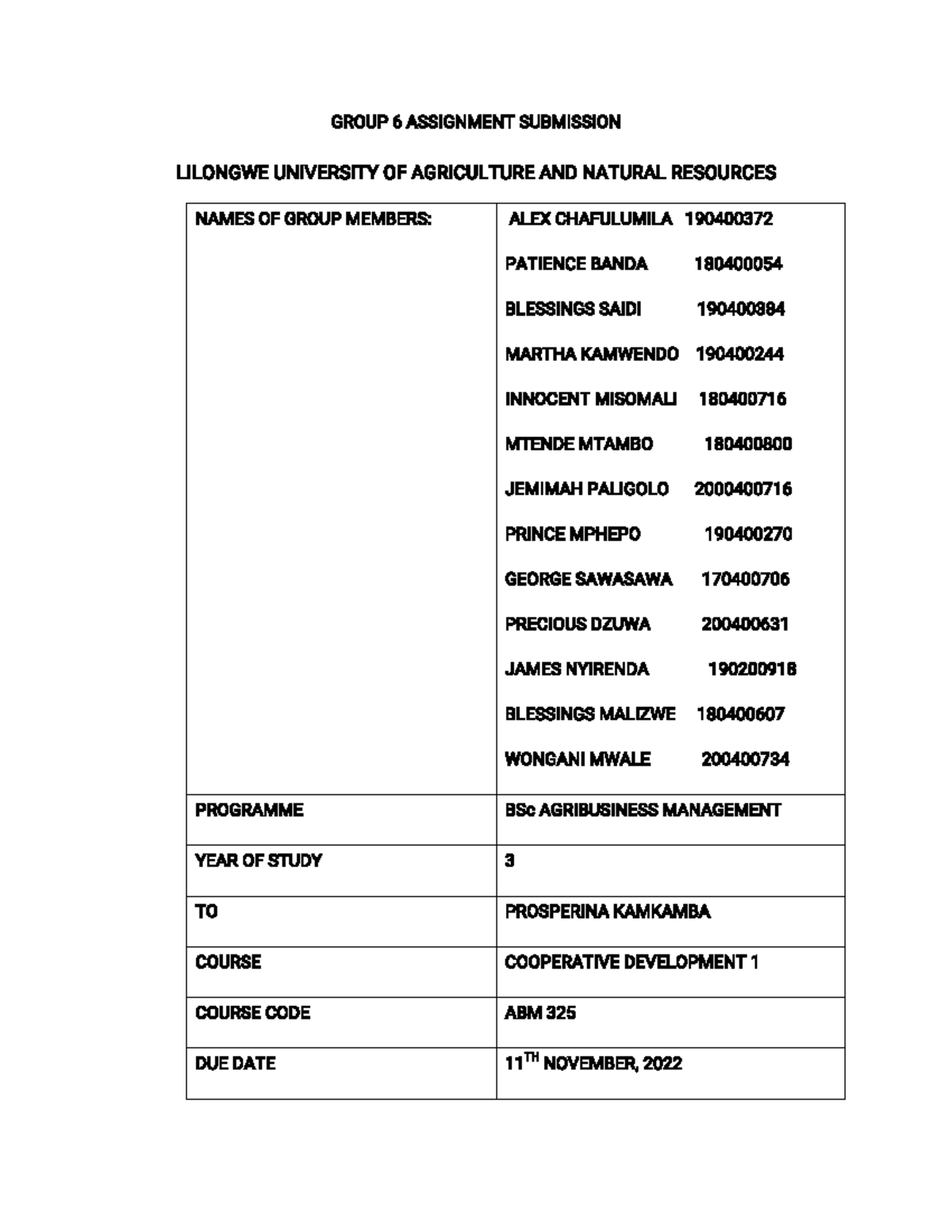 Group 6 cooperative assignment - GROUP 6 ASSIGNMENT SUBMISSION NAMES OF ...