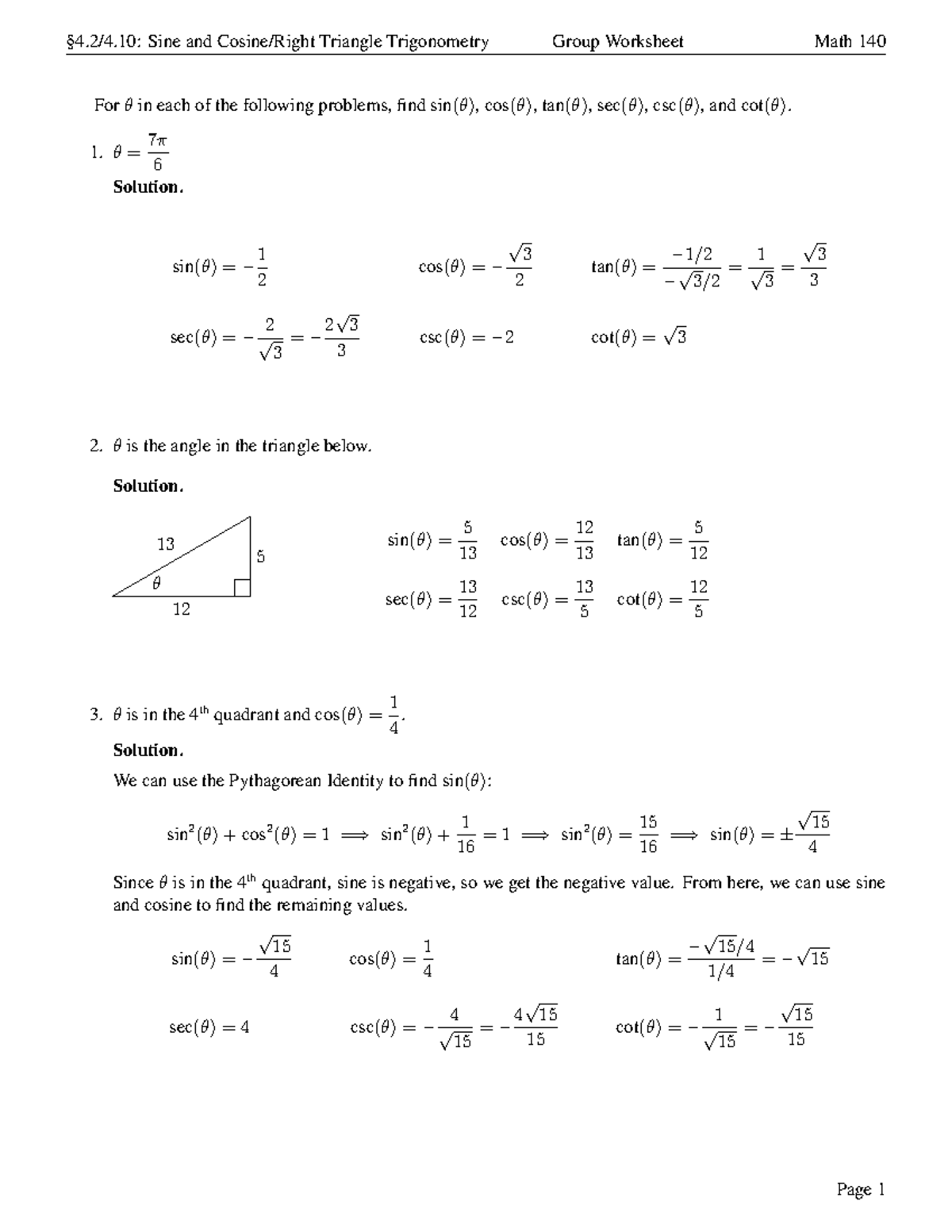 Math 140 Group Worksheet: Sine and Cosine Trigonometry - Studocu