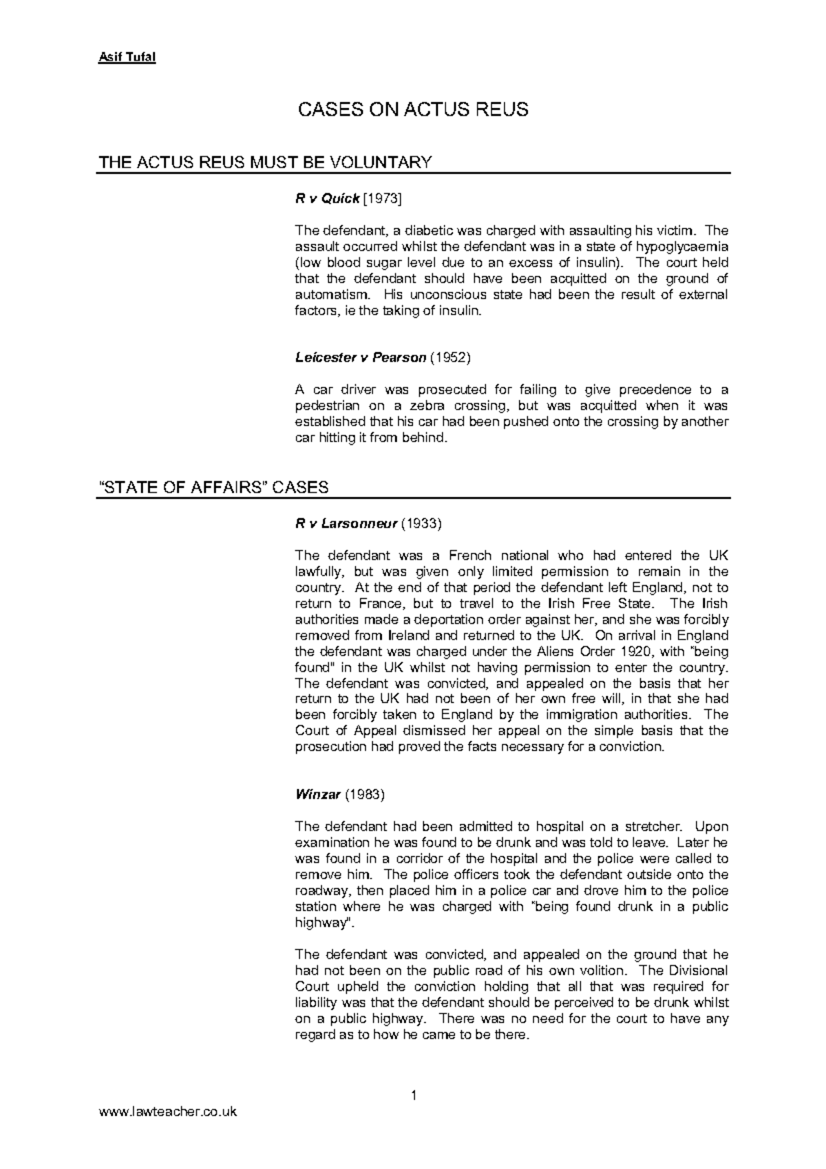 Actus Reus Cases Analysis for Legal Studies (Course Code: LAW 101 ...