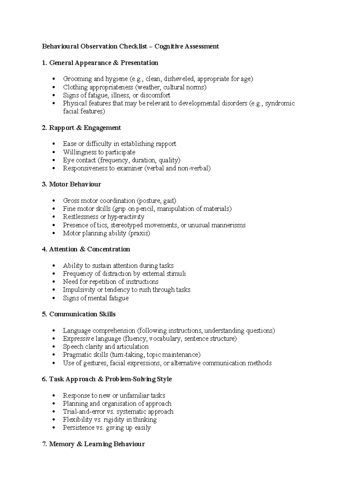 Behavioural Observation Checklist for Cognitive Assessment - Studocu
