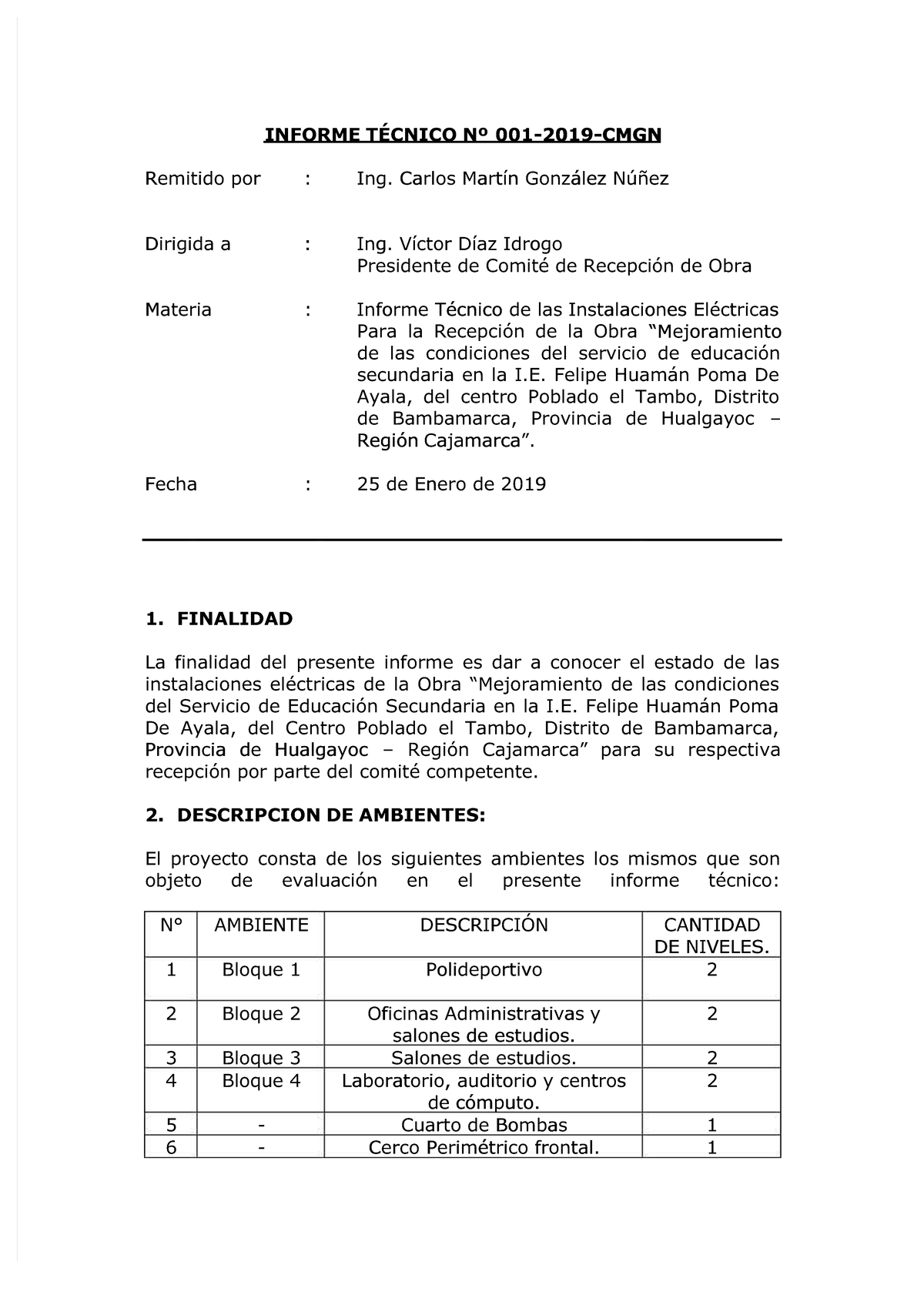 Informe Técnico de Instalaciones Eléctricas - 001-2019-CMGN - Document Preview