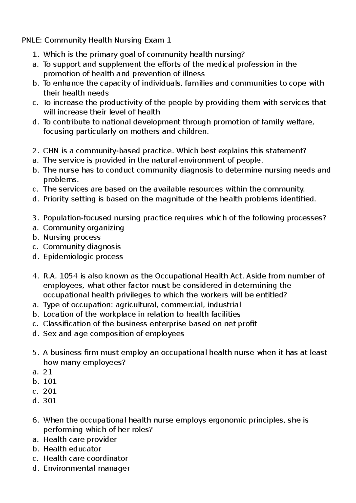 NP 1: Community Health Nursing Practice Test and Exam Review - Studocu