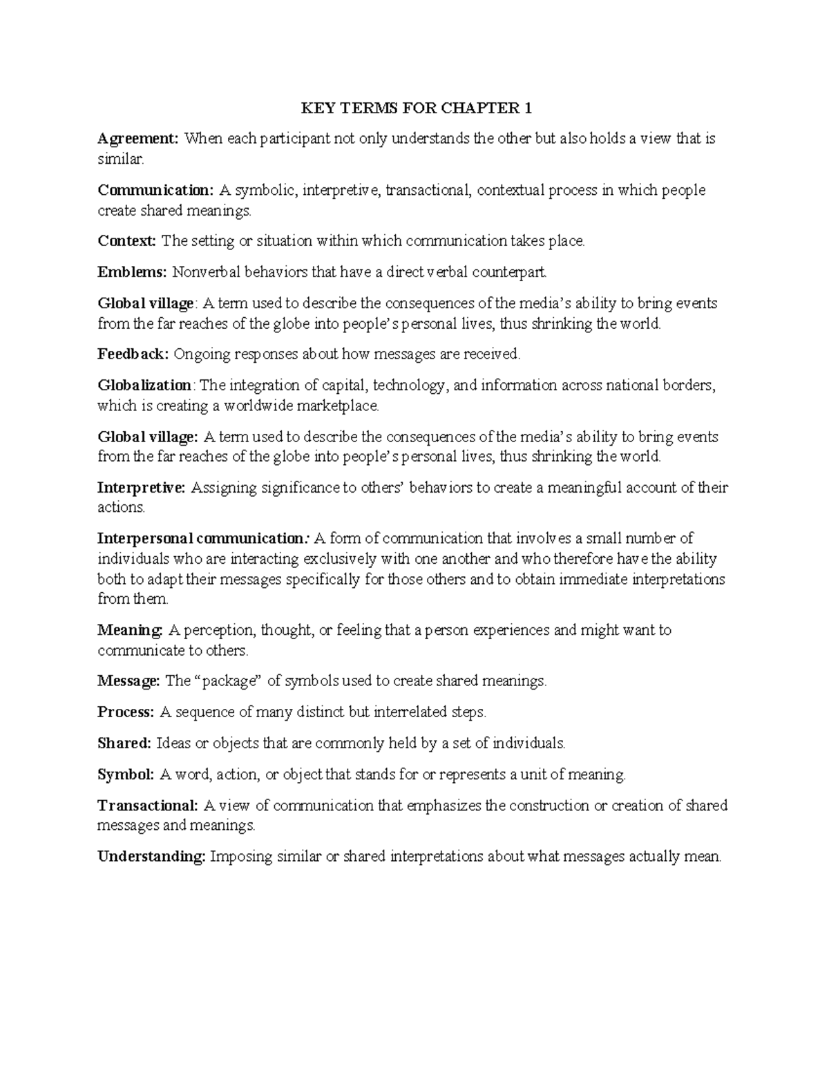 KEY Terms FOR Chapter 1-8 - KEY TERMS FOR CHAPTER 1 Agreement: When ...