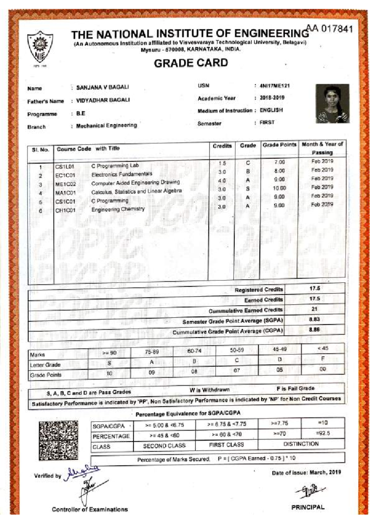 Engineering Marks Card for B.E. Mechanical Engineering (AA 017841 ...