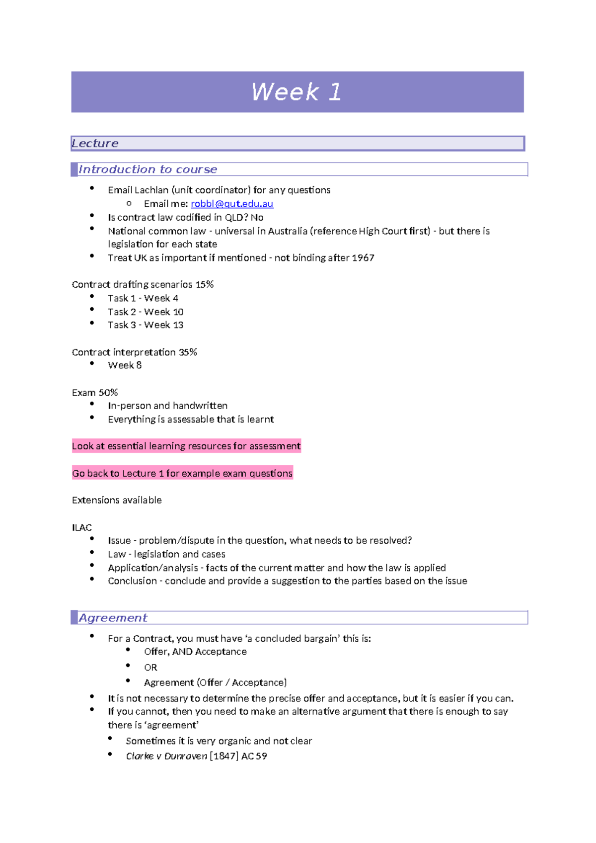Contract Law Lecture Notes W1: Understanding Offers and Acceptance ...