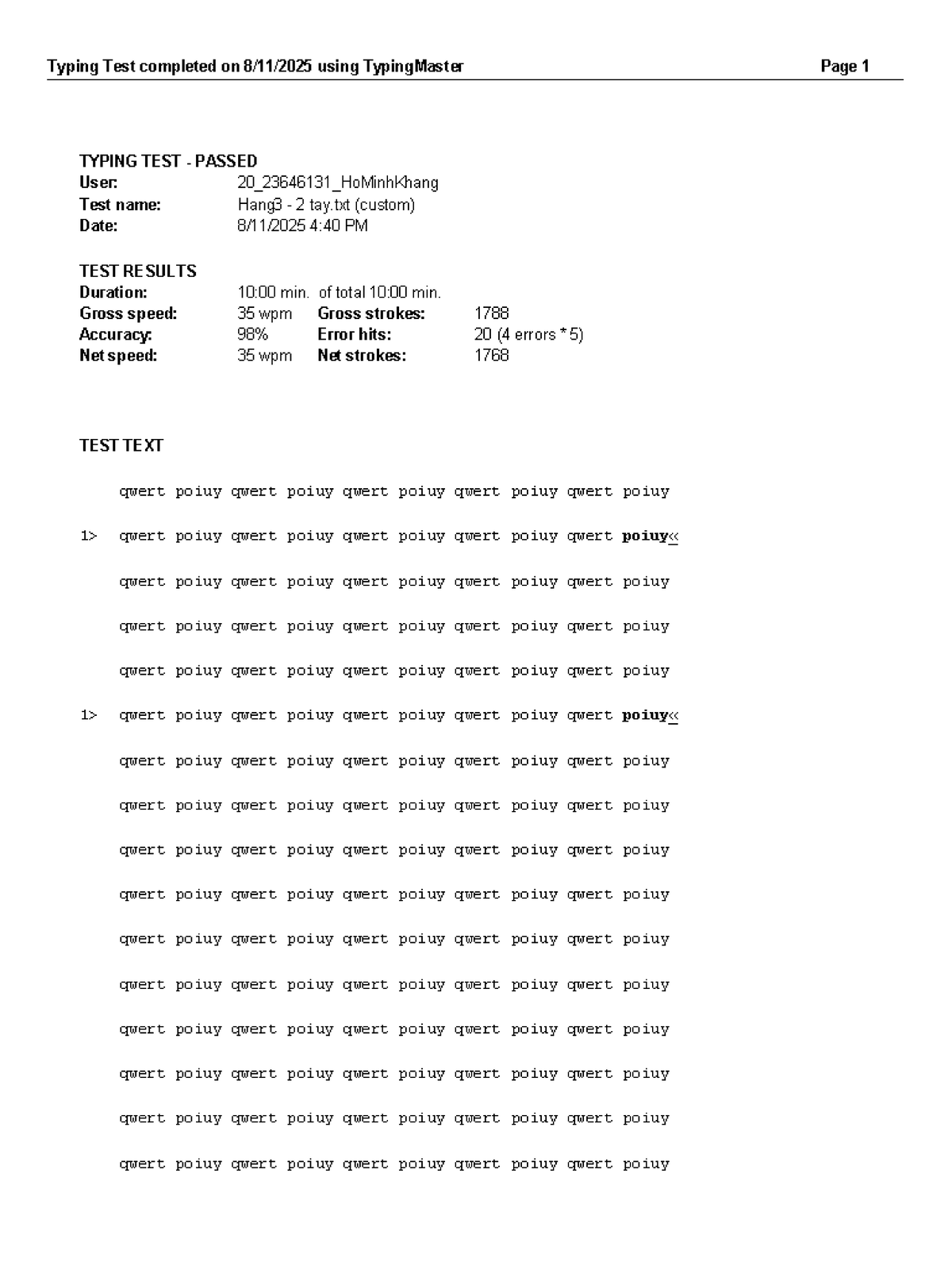 Typing Test Results - 20_23646131_HoMinhKhang (Passed) - Studocu