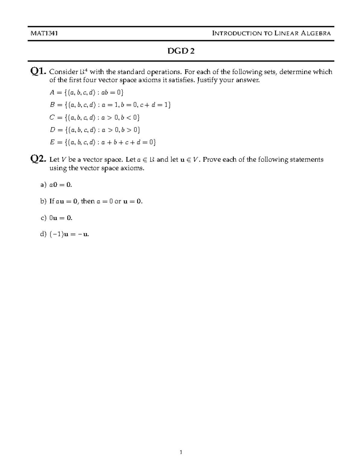 Introduction to Linear Algebra MAT1341 DGD2: Vector Spaces Exercise ...