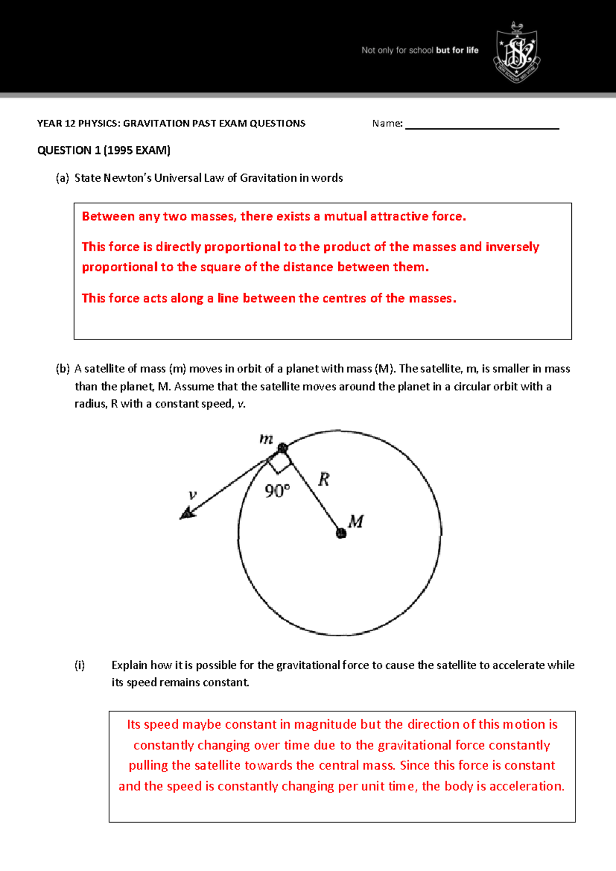 Gravitation Year 12 Physics Past Exam Questions & Answers - Studocu
