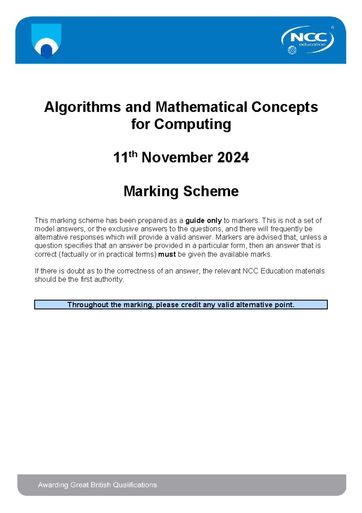 NCC Education AMCC 2024 Marking Scheme for Algorithms & Math Concepts ...