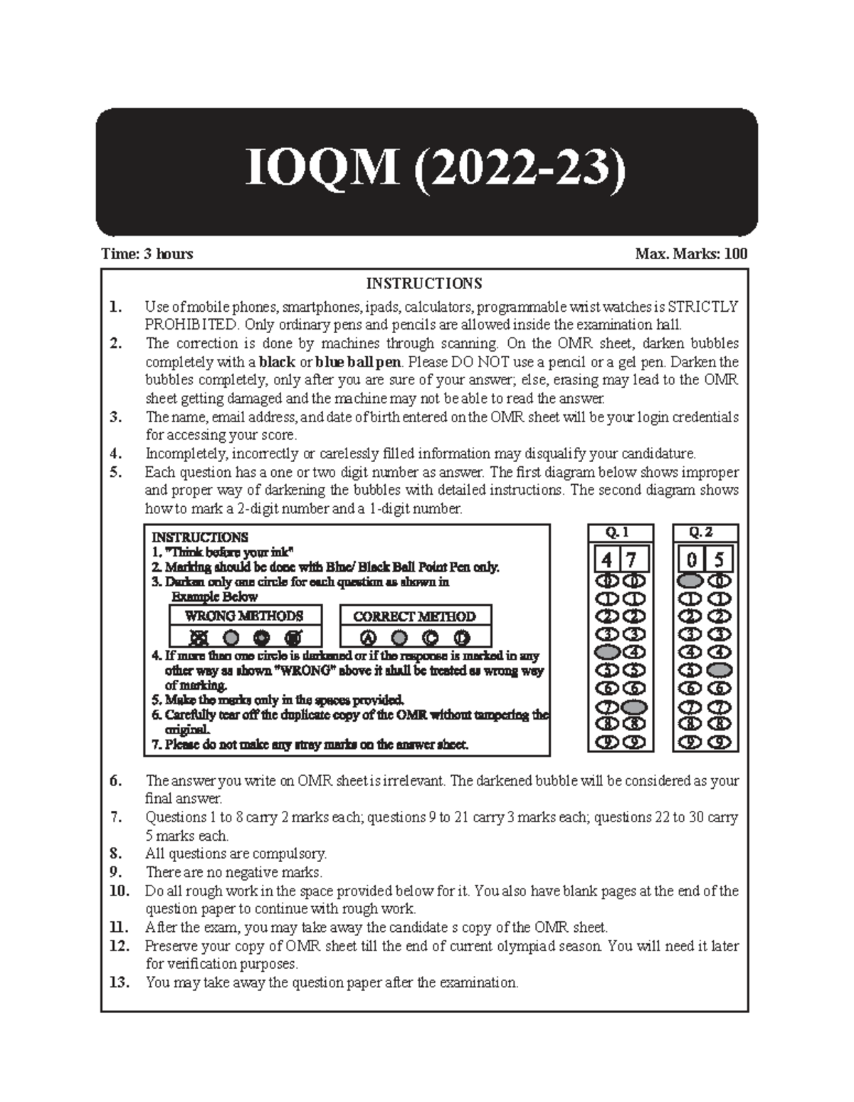 IOQM 2022-23 Final Exam Solutions and Instructions - Studocu