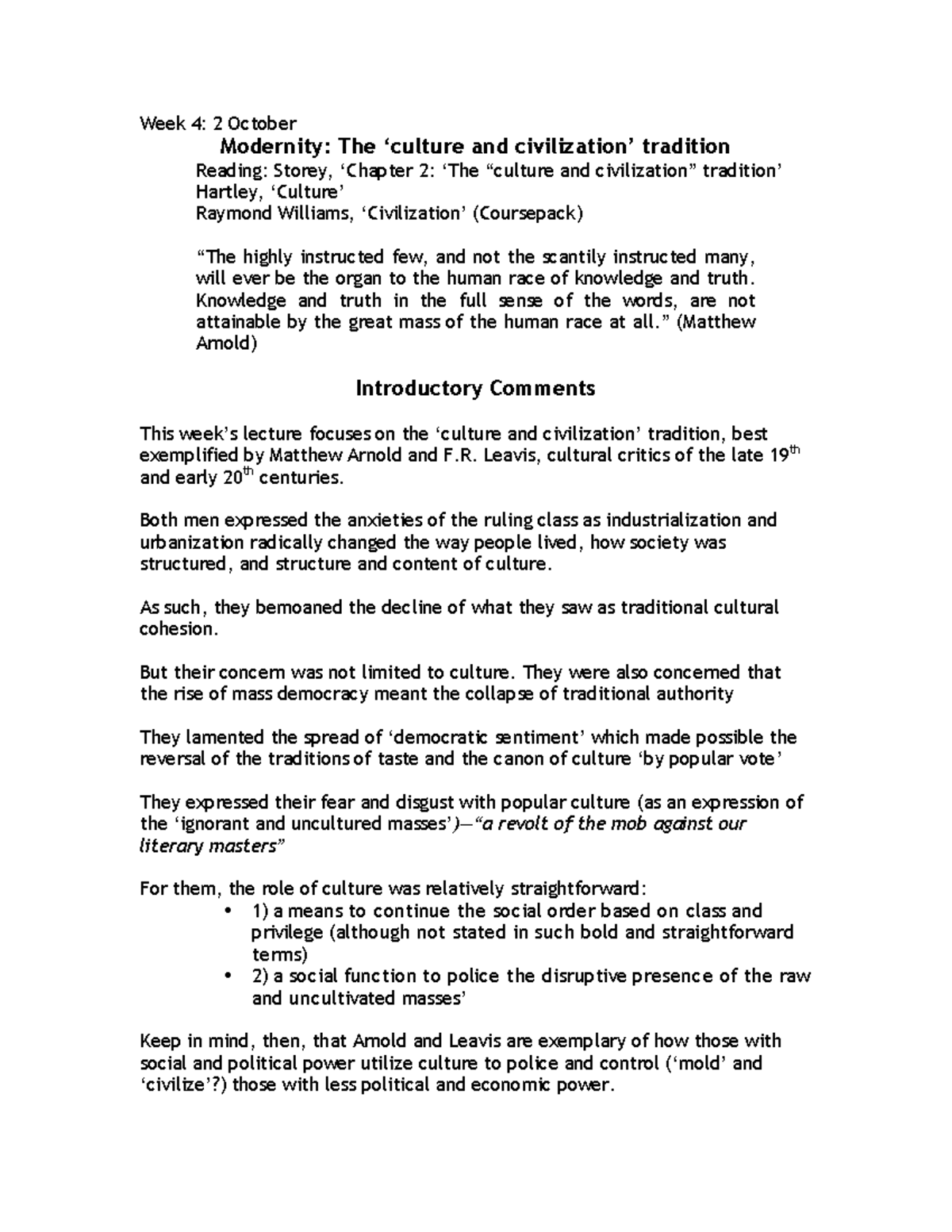 Cultural Theory (CULT101) Lecture Notes: The ‘Culture and Civilization ...