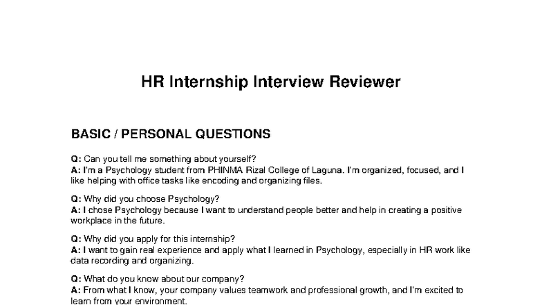 HR Internship Interview Guide: Personal & Skills Questions - Studocu