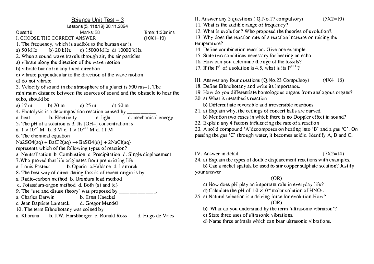 Science Unit Test 3 - Class 10 Notes & Questions (Marks: 50) - Studocu