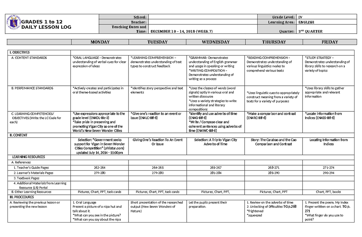 DLL English 4 Q3 W7 - Weekly Lesson Log for Grade IV - Studocu
