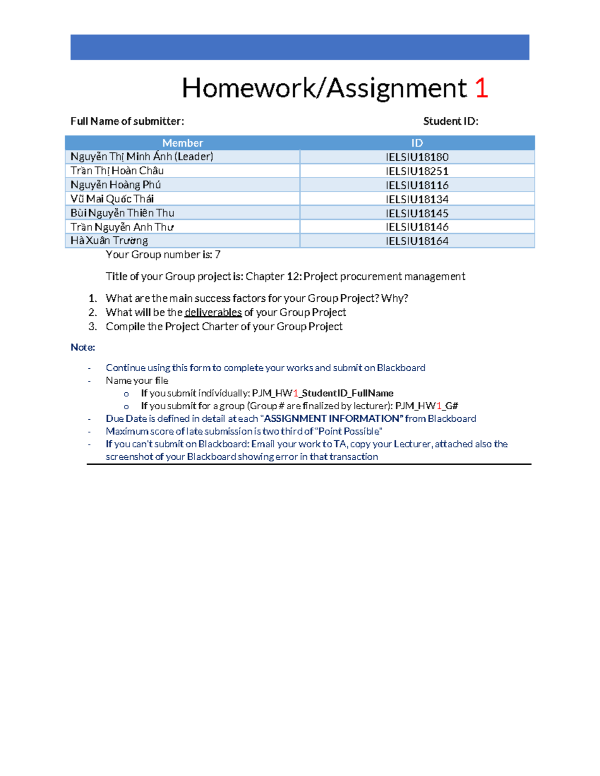 PJM HW1 G7 - Homework 1 - Project Management Lecturer: Tran Van Ly ...