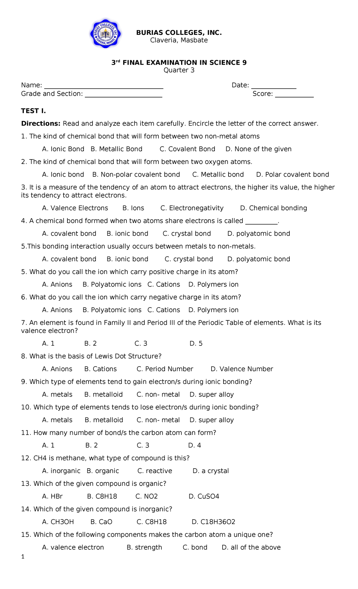 3RD FINAL EXAMINATION SCI 9 - QUARTER 3 QUESTIONS AND ANSWERS - Studocu