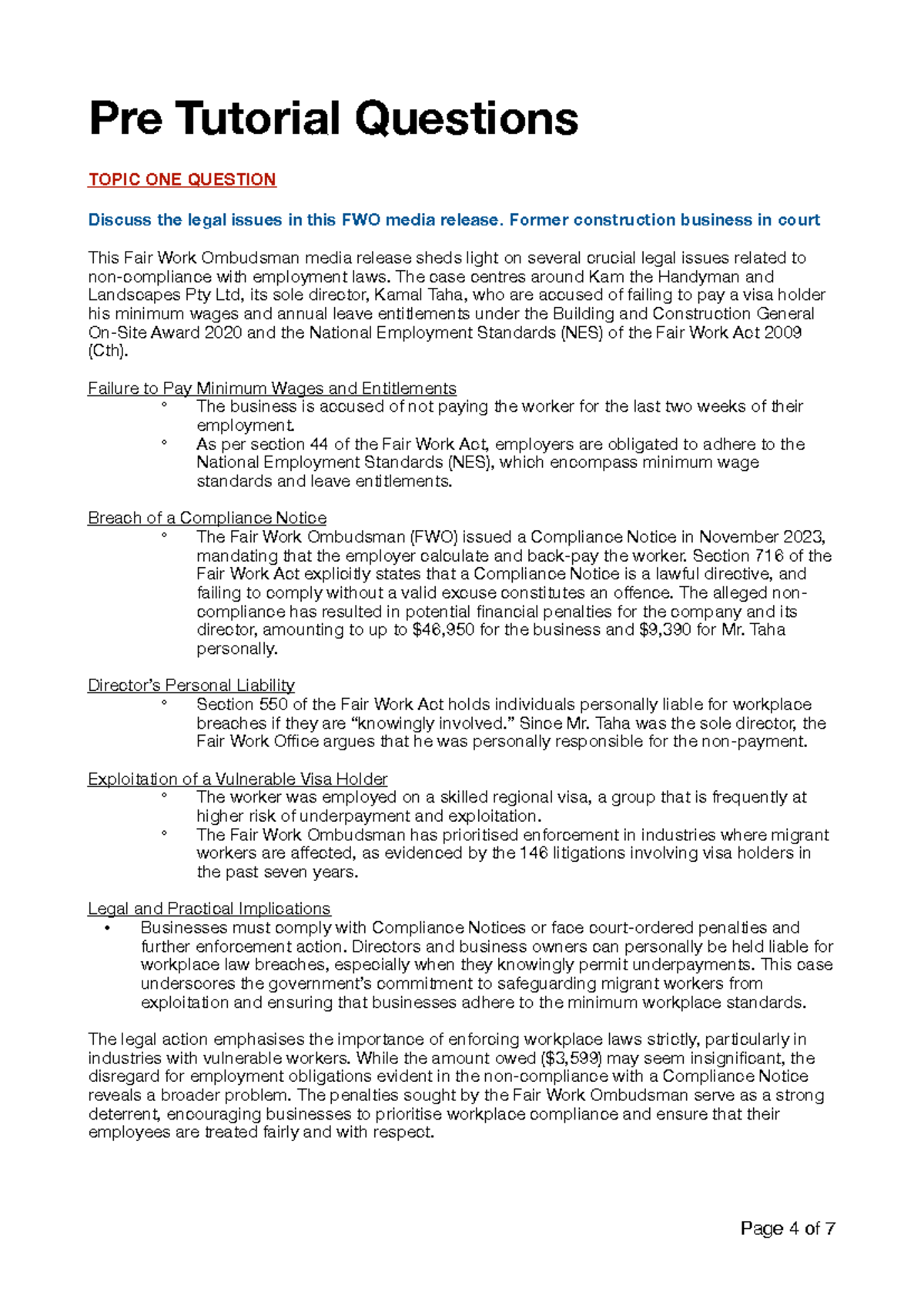 Week 02 - Pre-Tutorial Questions on Employment Law Issues and Case ...