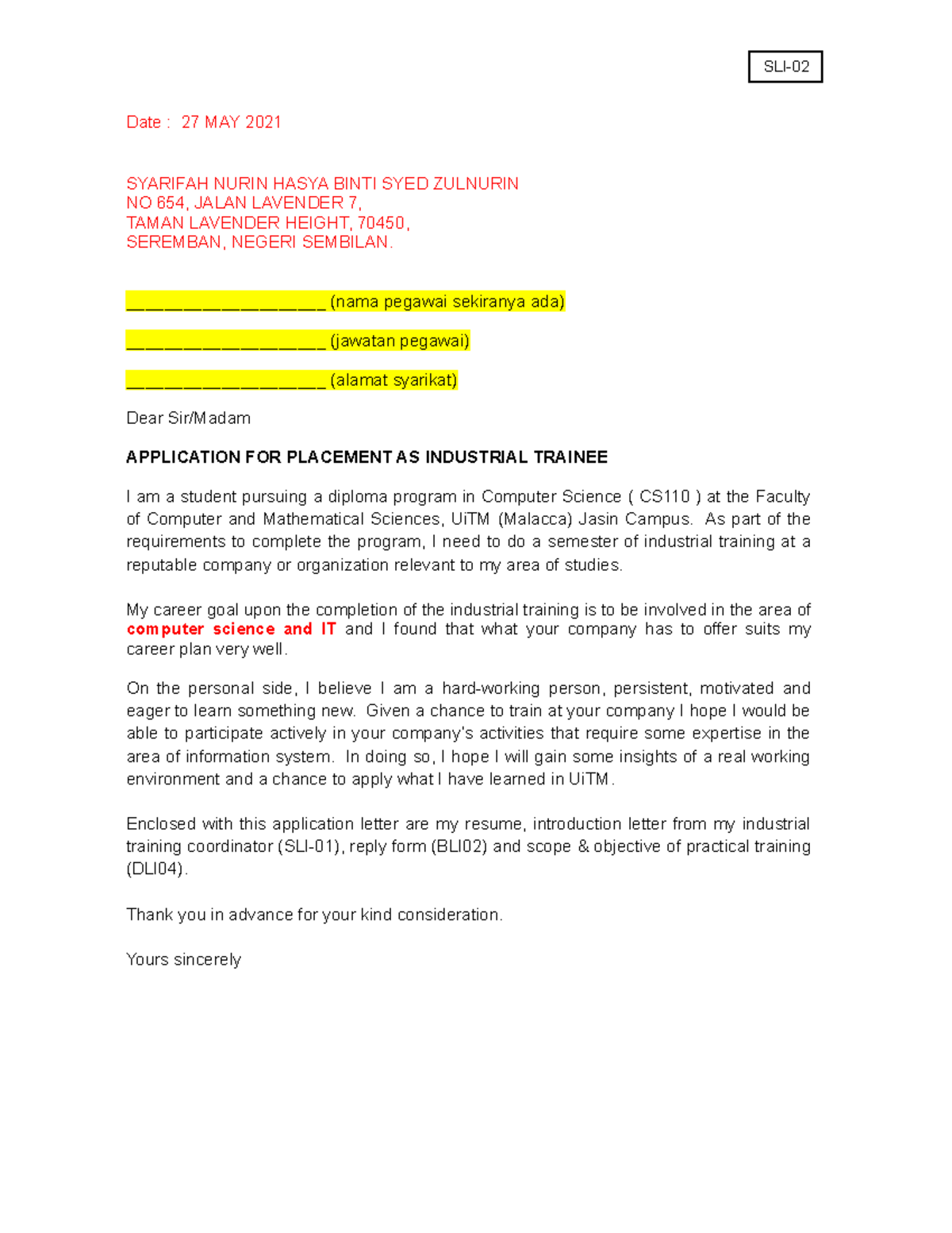 CS110 - Final Application for Industrial Training Placement - Studocu