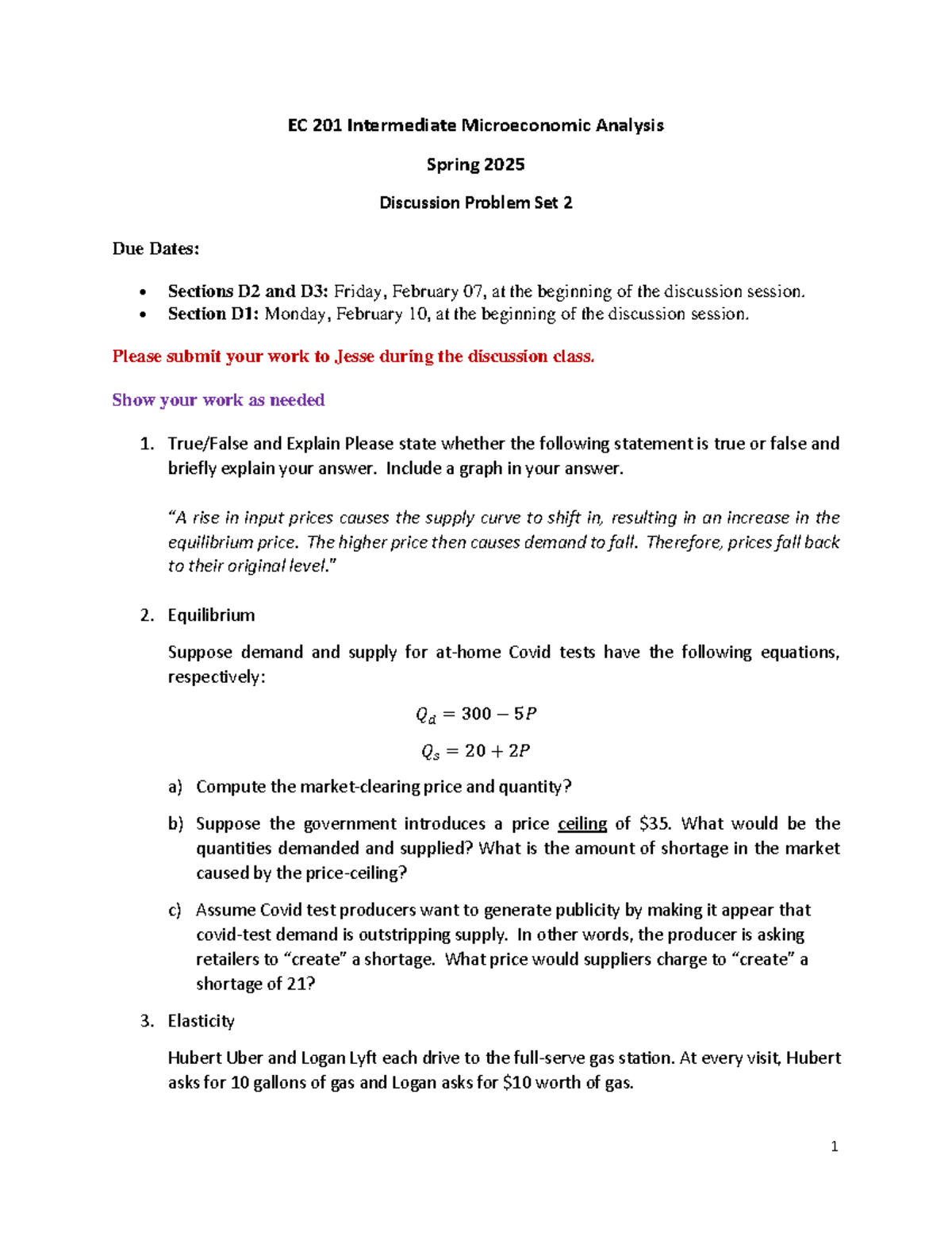 EC 201 Intermediate Microeconomic Analysis Spring 2025 Discussion PS 2 ...