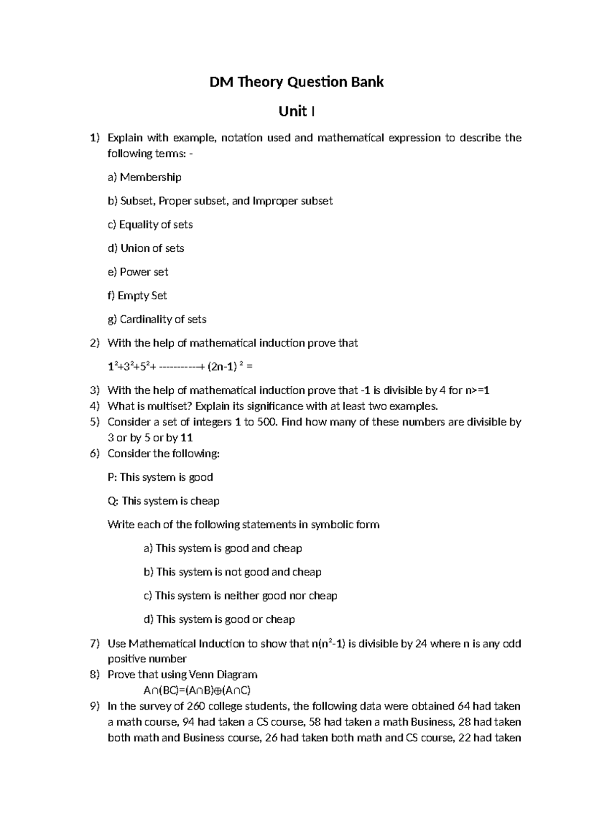 DM Theory Final Exam Question Bank: Comprehensive Review Guide - Studocu