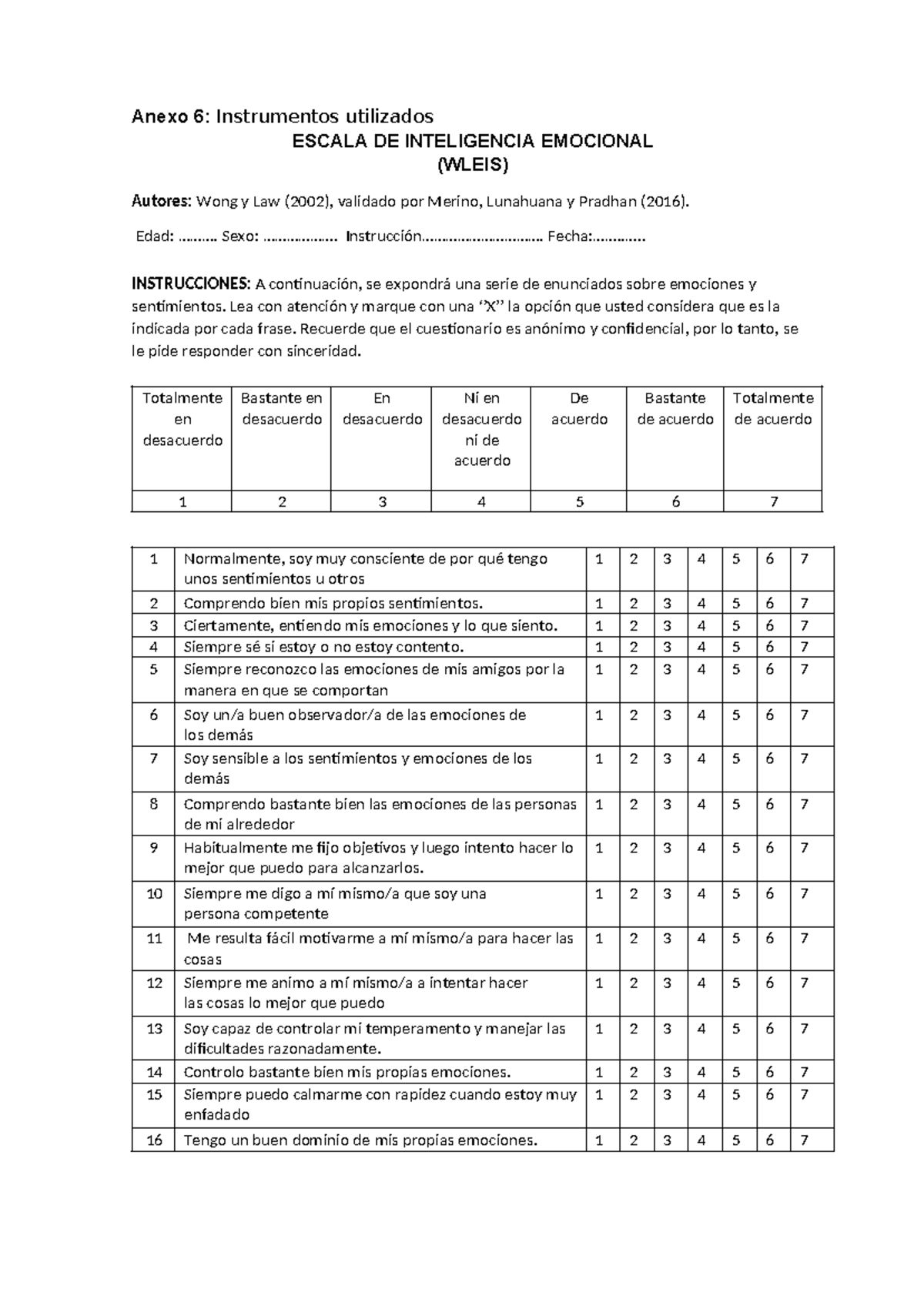 Escala de Inteligencia Emocional (WLEIS) - Instrumento de Evaluación ...