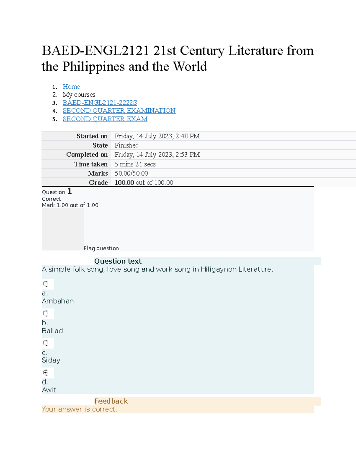 BAED-ENGL2121 2nd Quarter Exam Review: 21st Century Literature - Studocu