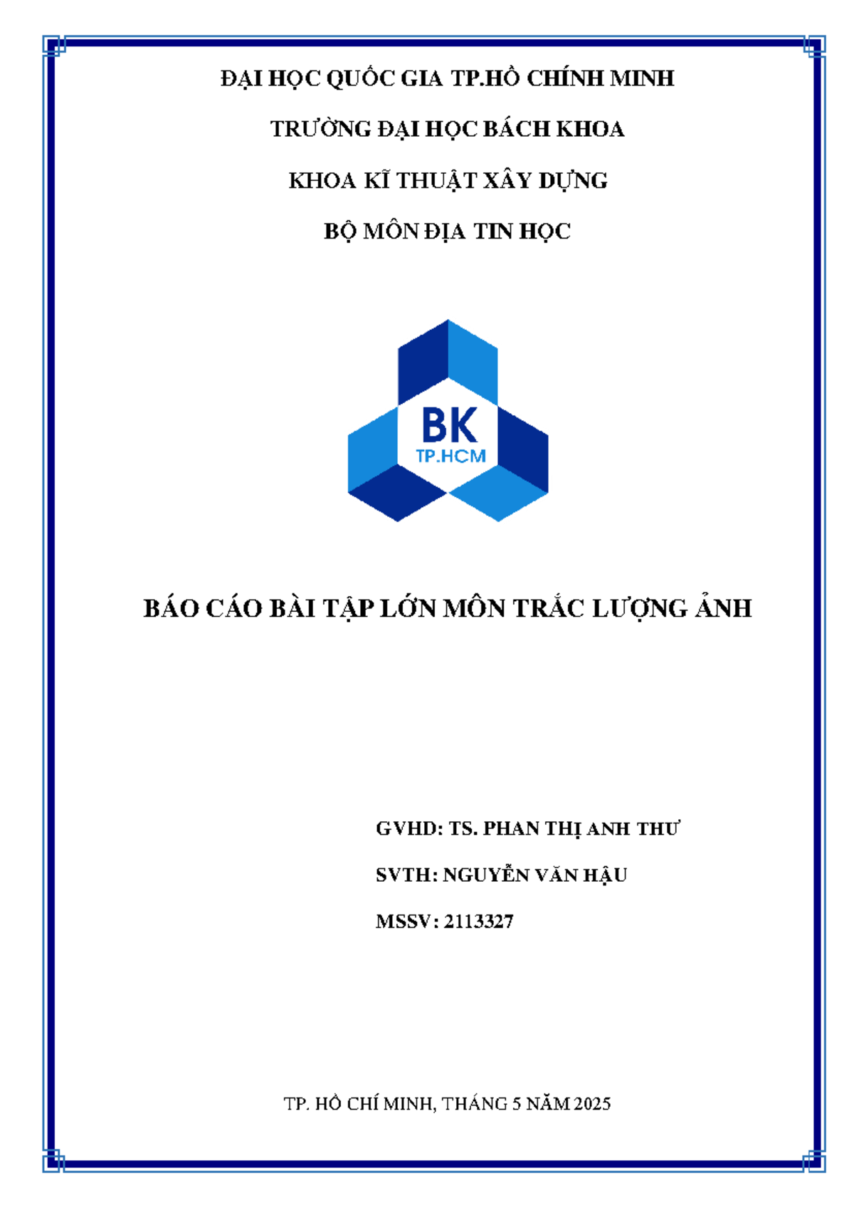 Báo cáo Bài Tập Lớn Môn Trắc Lượng Ảnh - ĐH Bách Khoa - Document Preview