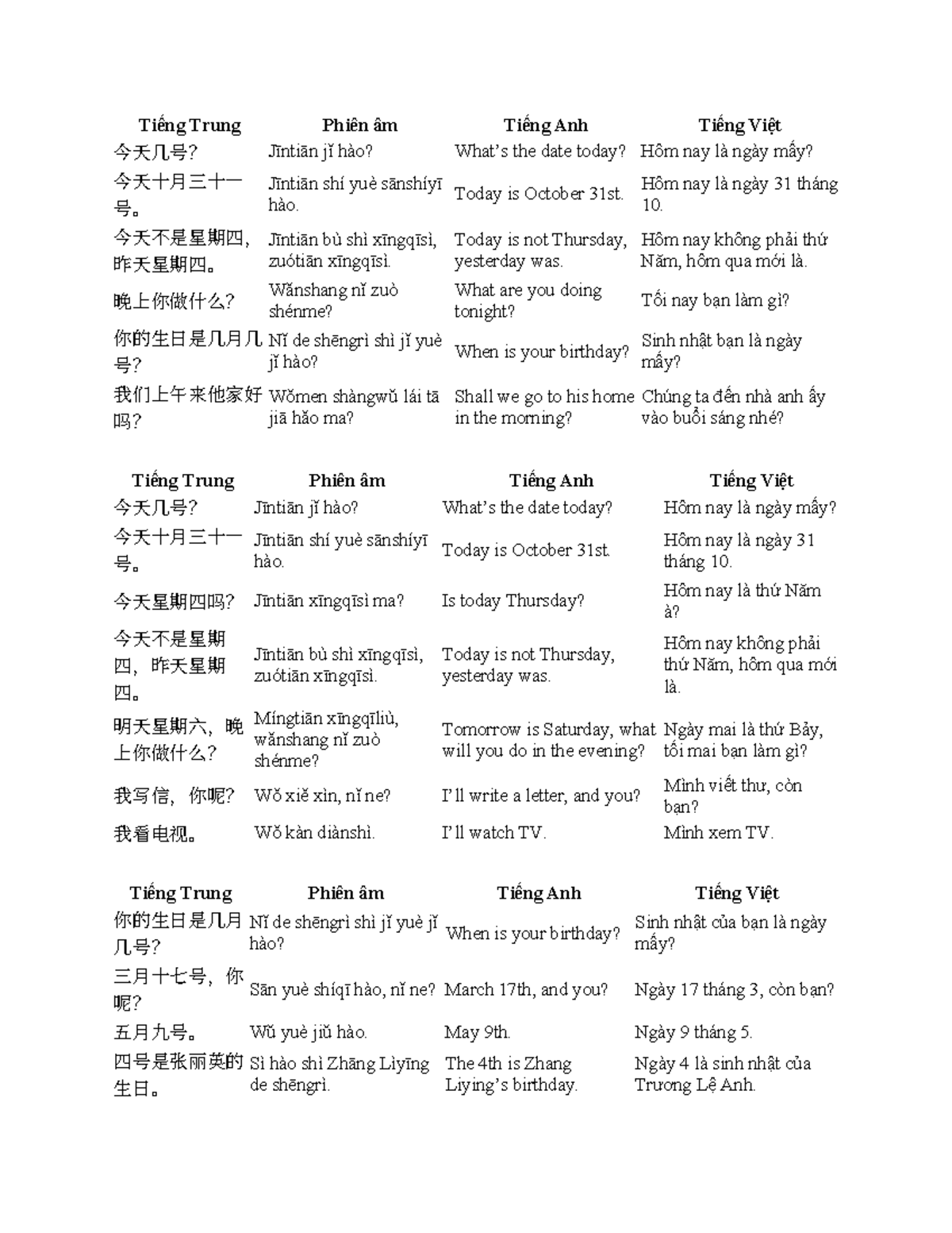 Tiếng Trung Phiên âm: Ngày và Sinh nhật - Bài Tập Bài Số 6 - Studocu