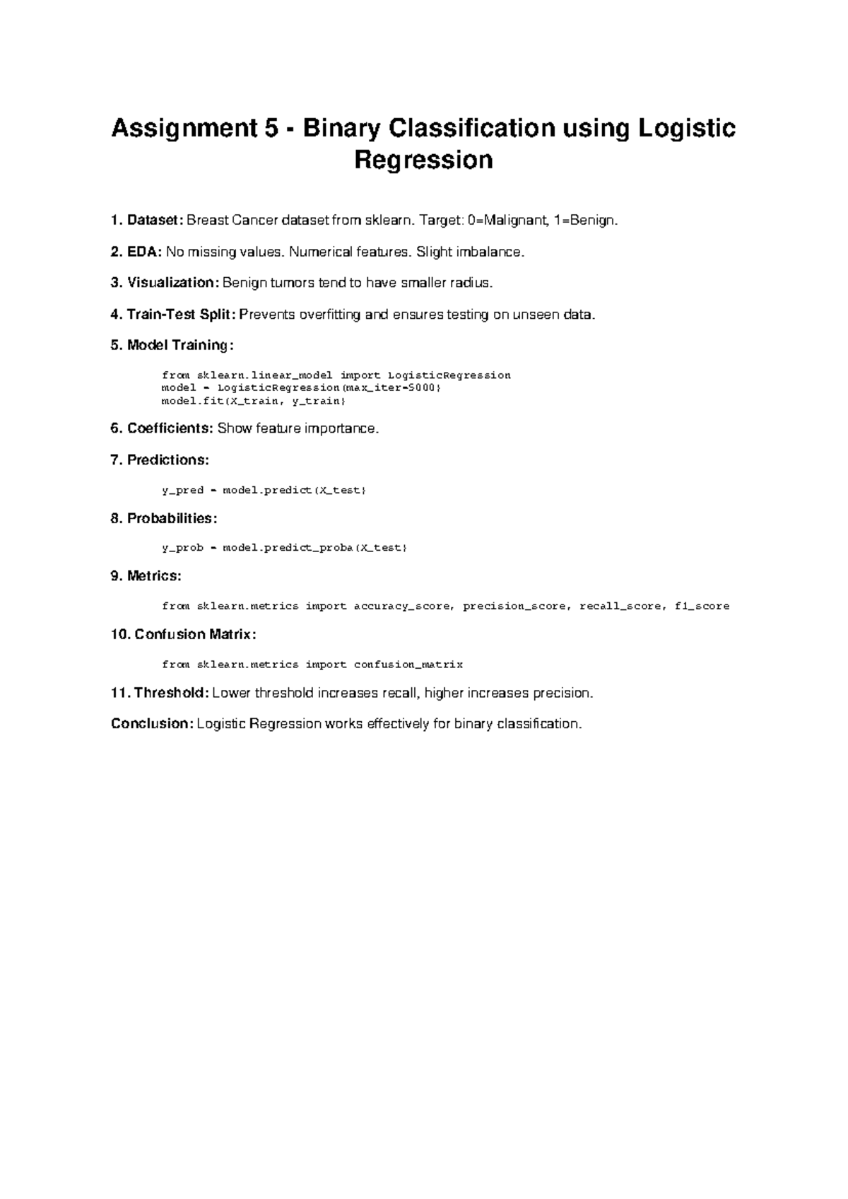 AI Assignment 5 - Assignment 5 - Binary Classification using Logistic ...