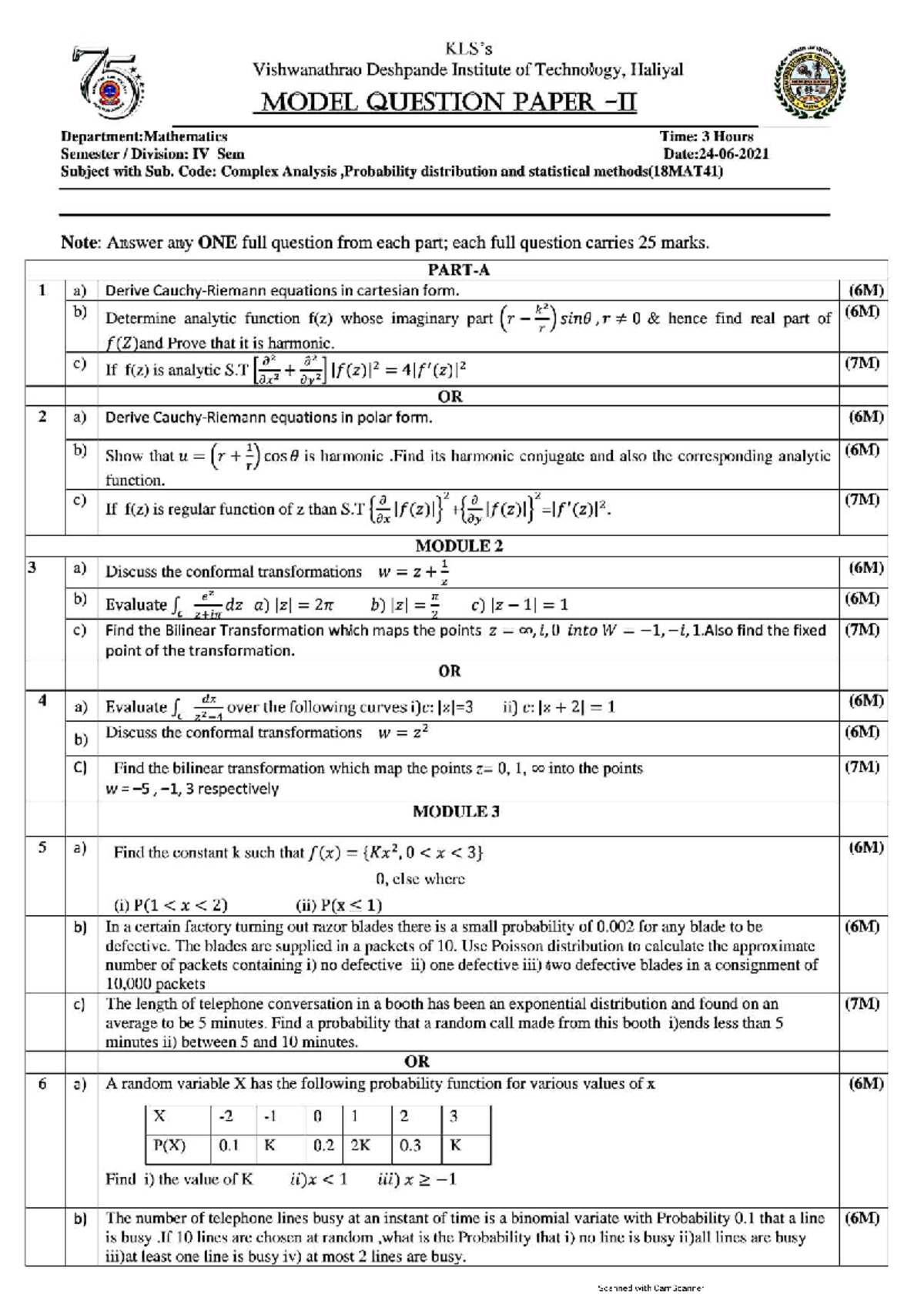 18MAT41 Complex Analysis & Probability Distribution Model QP - Studocu