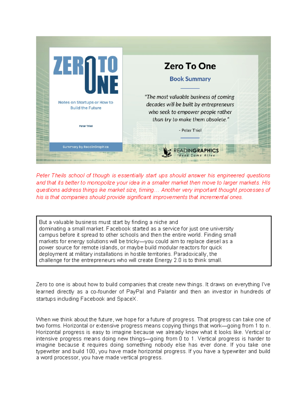 Zero to One Notes - Insights on Startups and Market Strategy - Studocu