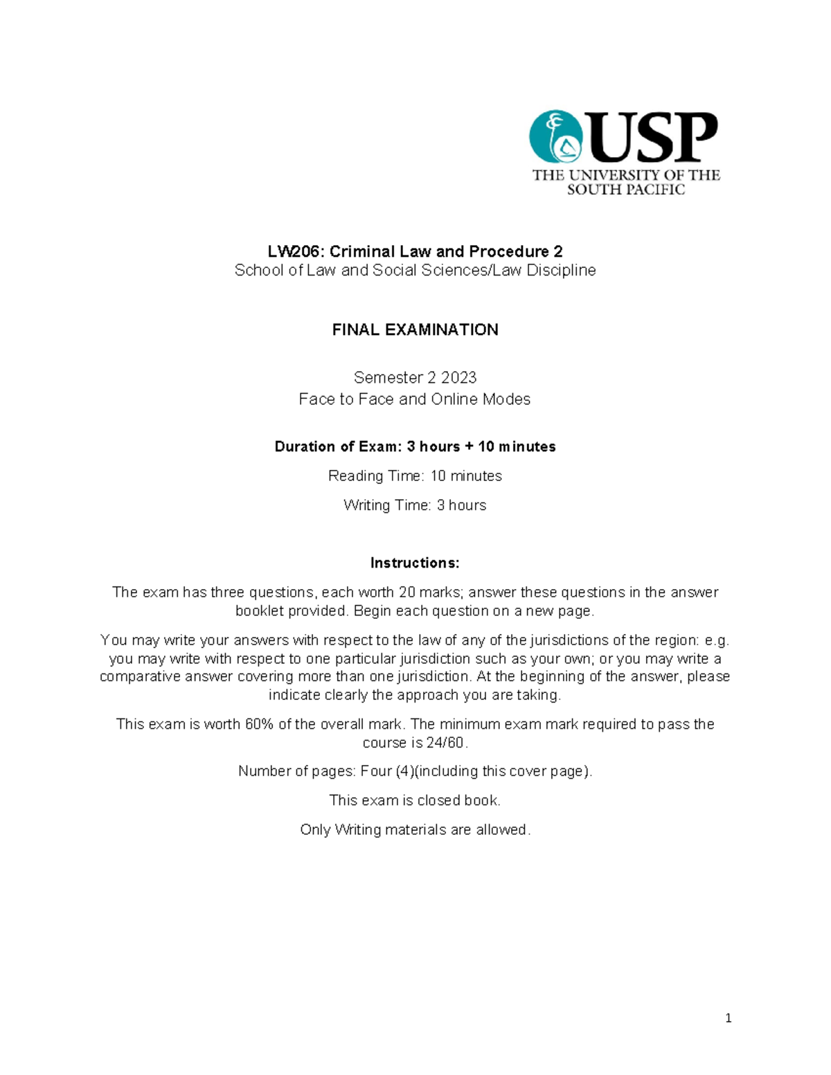 LW206 Criminal Law & Procedure Final Exam Paper S2 2023 - Studocu