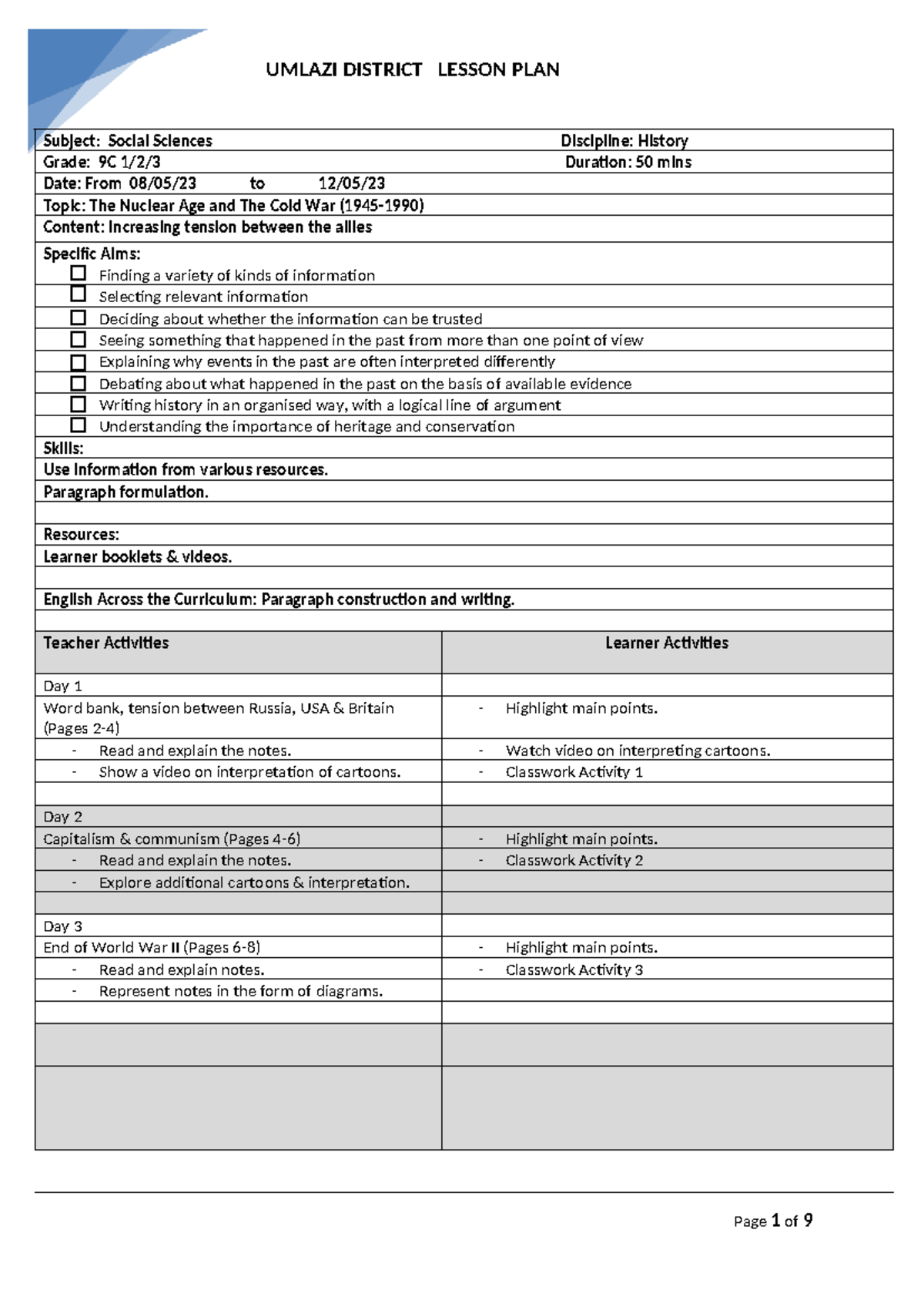 UMLAZI DISTRICT GRADE 9C SOCIAL SCIENCES LESSON PLAN: THE NUCLEAR AGE ...