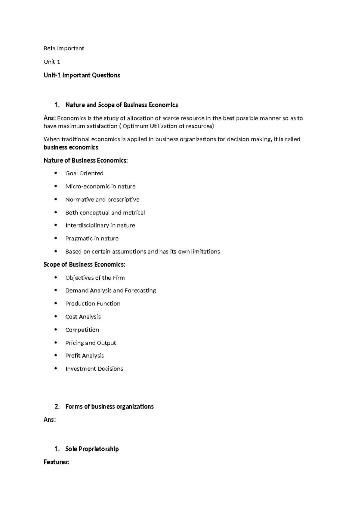 Befa 101: Introduction to Business Economics - Unit 1 Notes - Studocu