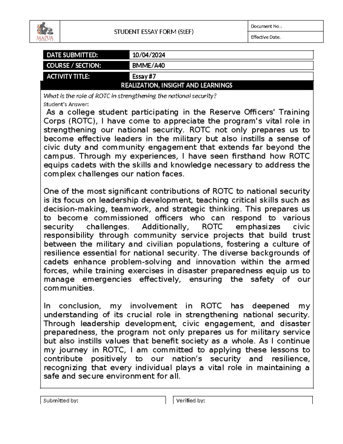 12-NSTP001-St EF-Essay on ROTC's Role in National Security - Studocu