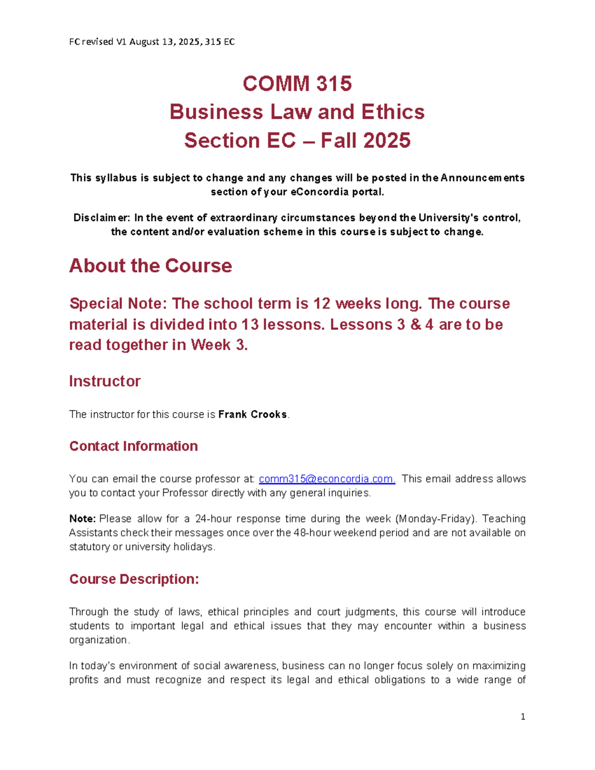 COMM 315 Business Law and Ethics Fall 2025 Course Outline - Studocu