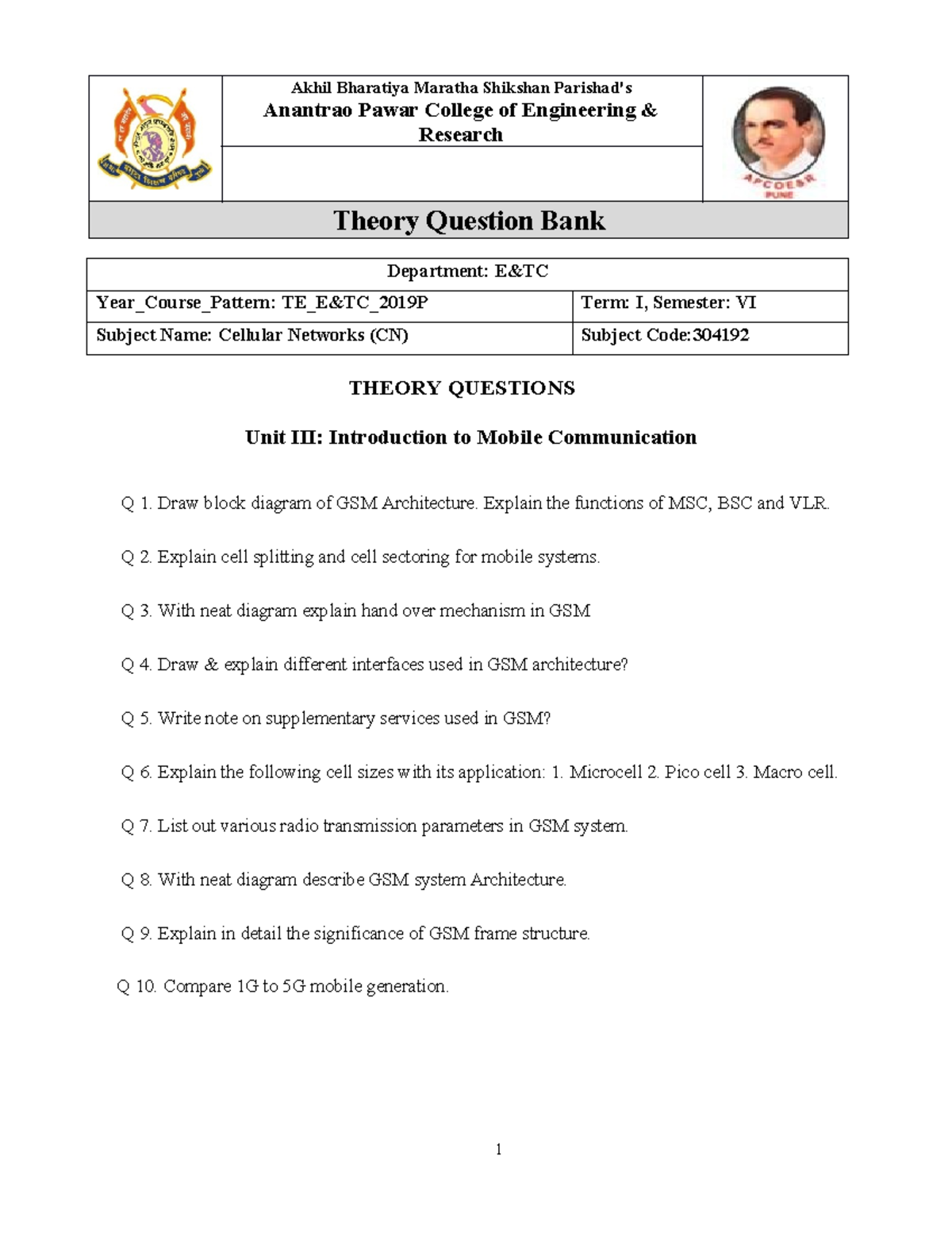 CN 304192 Theory Question Bank: Cellular Networks Q&A Guide - Studocu