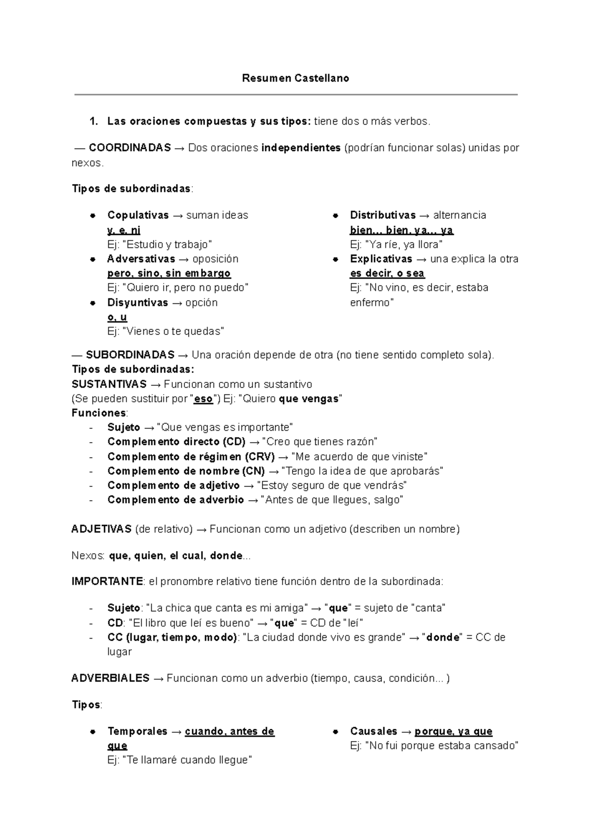 Resumen de Oraciones Compuestas y Tipos - Examen Castellà 5 - Studocu