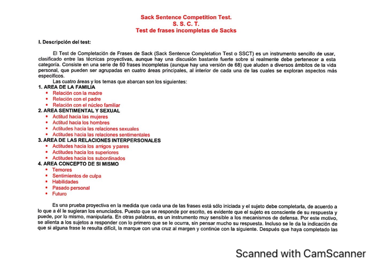 TEST DE Sacks - Sack Sentence Competition Test. S. S. C. T. Test de ...