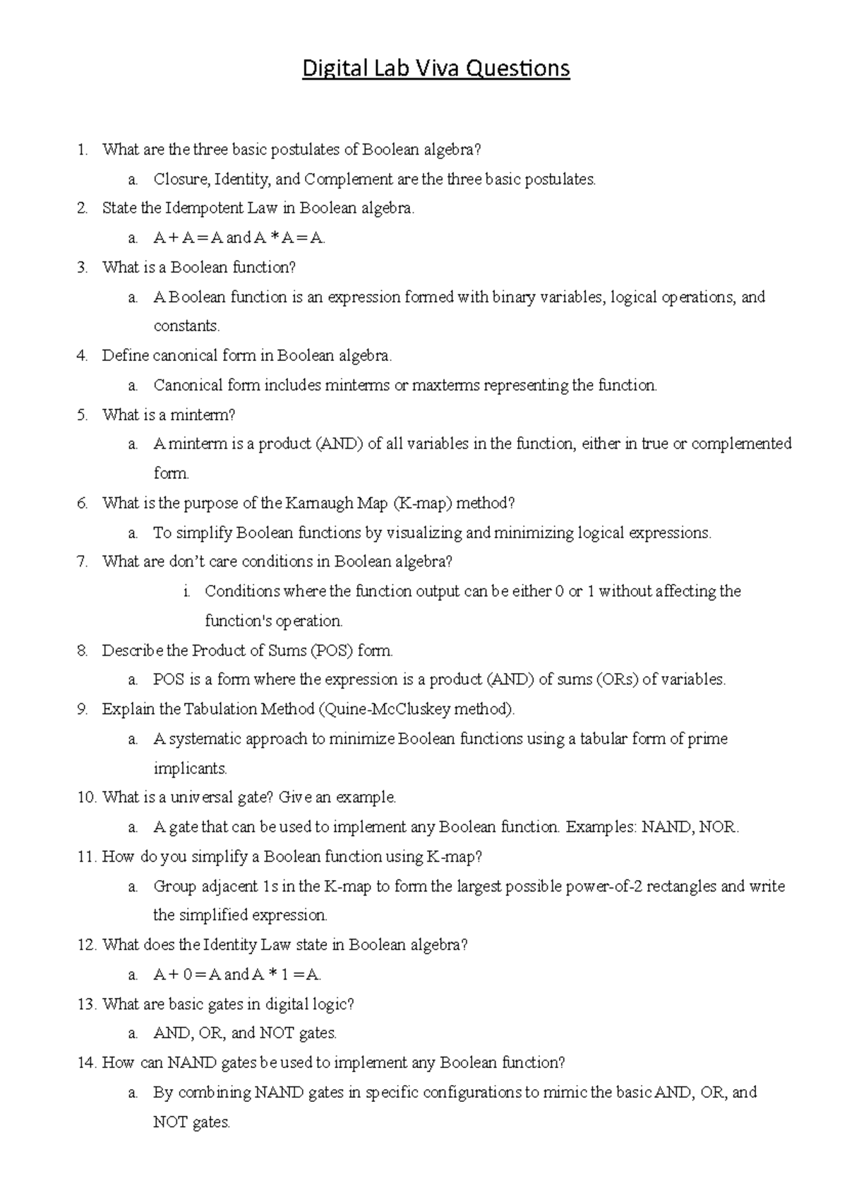 DIGITAL LAB (CSL-202) - Lab Practical Viva Q&A for Boolean Algebra ...
